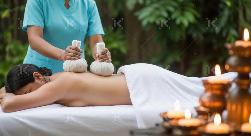 Woman receives traditional Thai herbal compress massage at seren