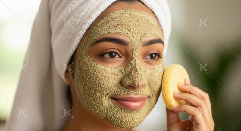 Young Woman Applying Face Mask with Sponge for Skincare Routine