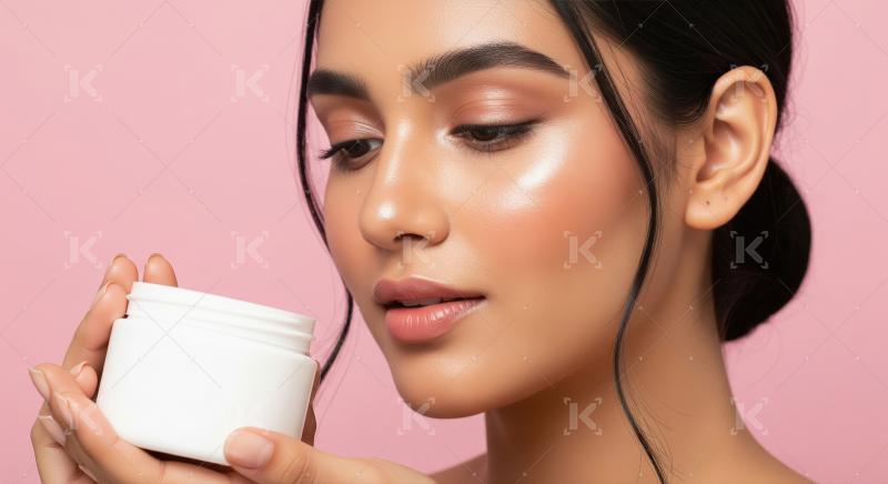 Beautiful woman with glowing skin holding cosmetic cream jar.