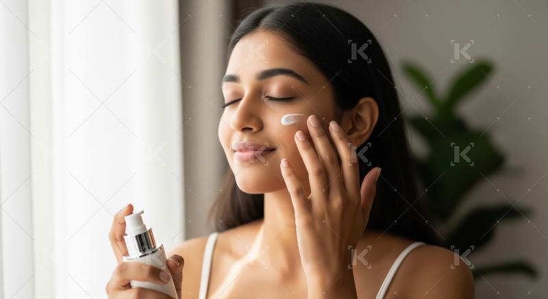Smiling Indian Woman Applying Face Cream Skincare Routine