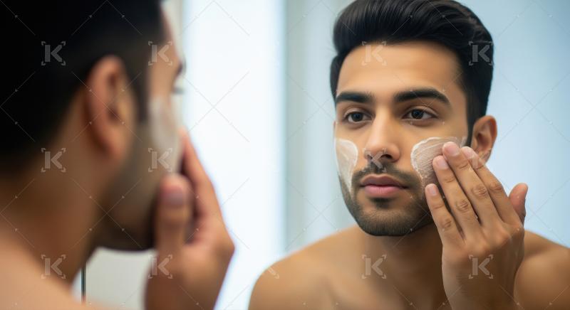 Young Man Applying Face Cream in Bathroom Mirror