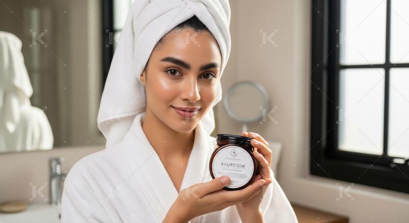 Beautiful Woman Holds Natural Skincare Product in Bathroom