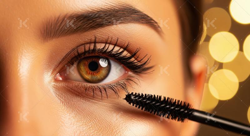 Woman's Eye Applying Mascara, Enhancing Lashes with Bokeh Backgr