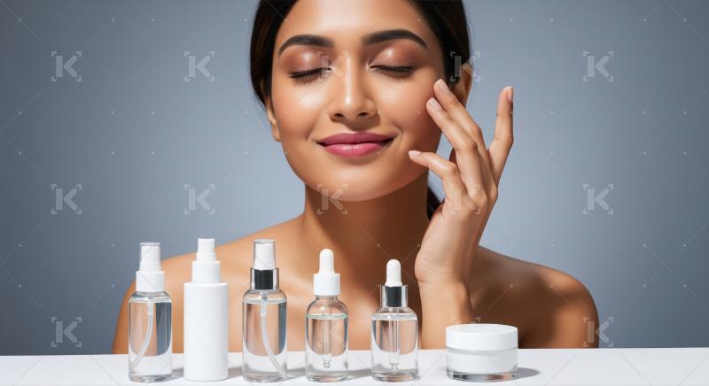 Young Indian Woman Enjoys Skincare with Cosmetic Products