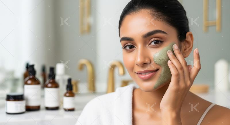 Beautiful Woman Applies Green Clay Mask for Skincare Routine