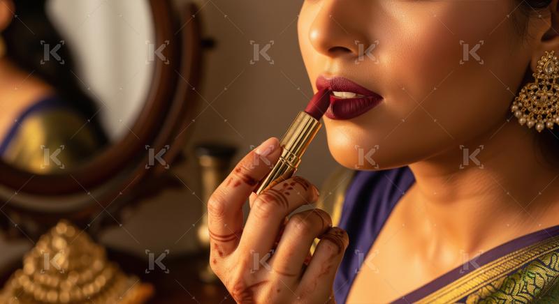 Elegant Indian Woman Applying Bold Red Lipstick