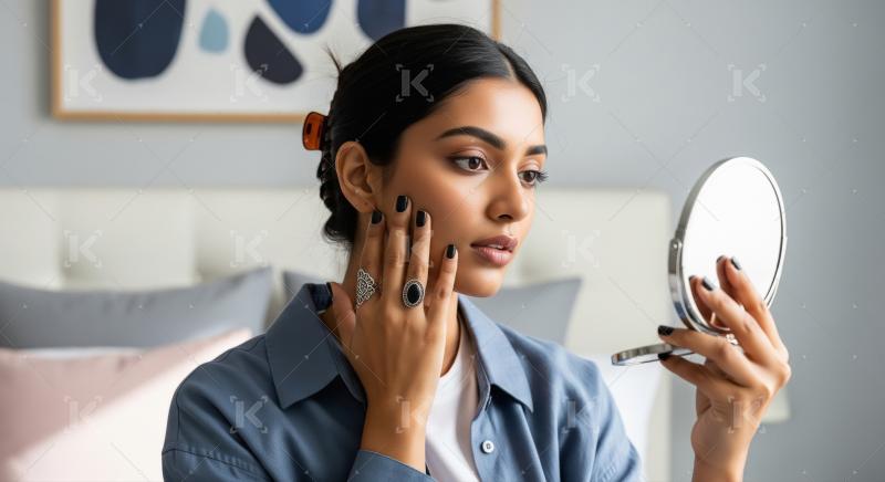 Young Woman Checking Her Skin and Makeup in a Mirror