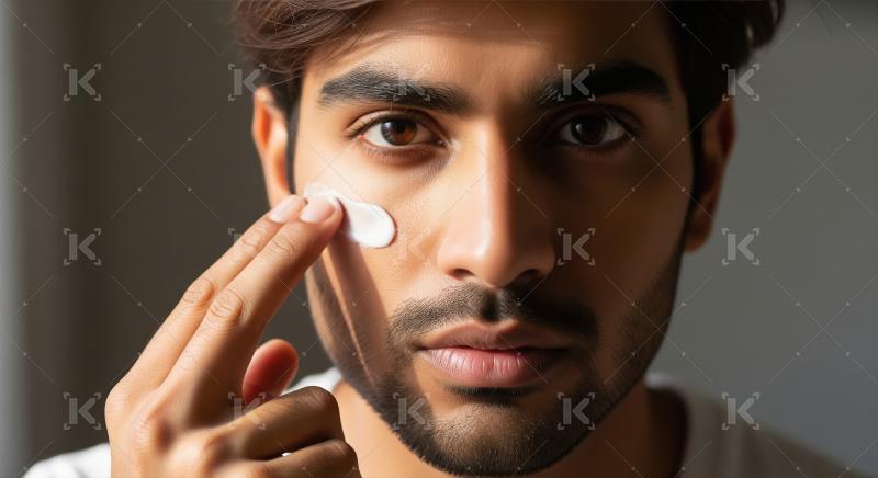 Young man applies face cream as part of skincare routine.