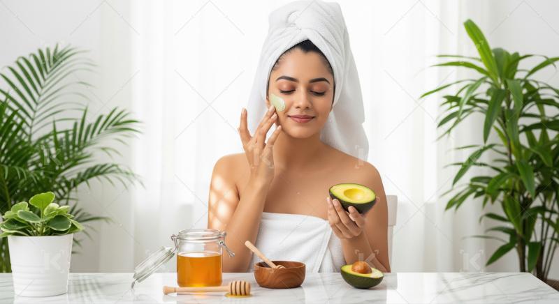 Young woman applying natural avocado face mask for glowing skin.