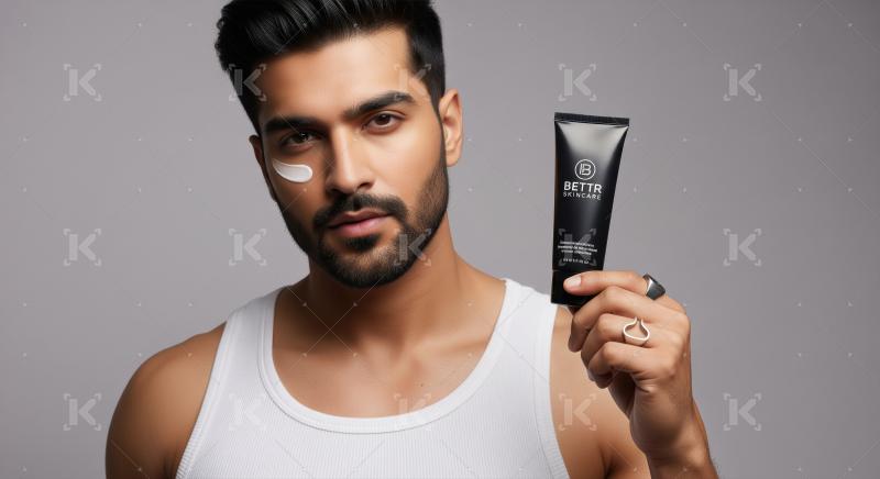 Handsome Man Applying Skincare Cream, Holding BETTR Product