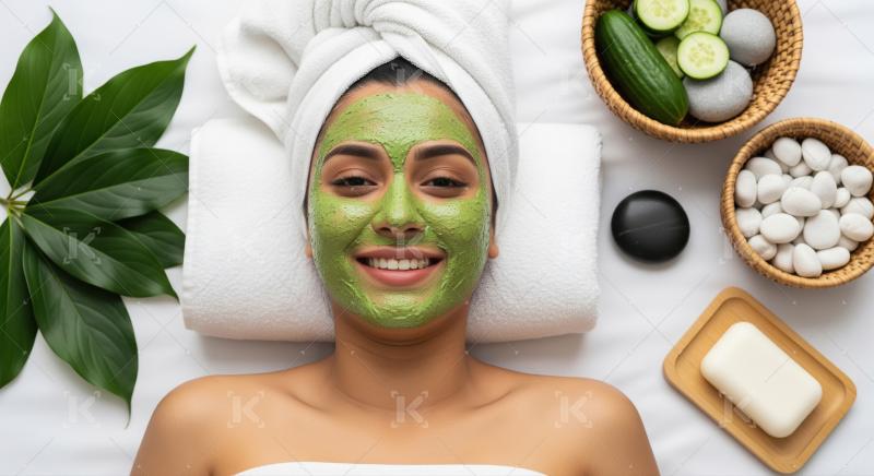 Happy woman with green face mask enjoying spa treatment