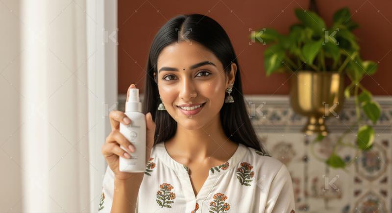 Smiling Indian Woman Promoting Skincare Product with Radiant Exp