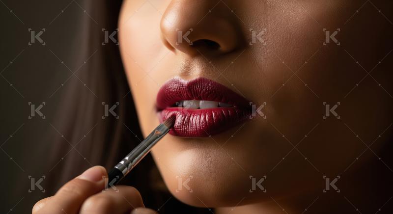 Woman applying vibrant red lipstick with a makeup brush