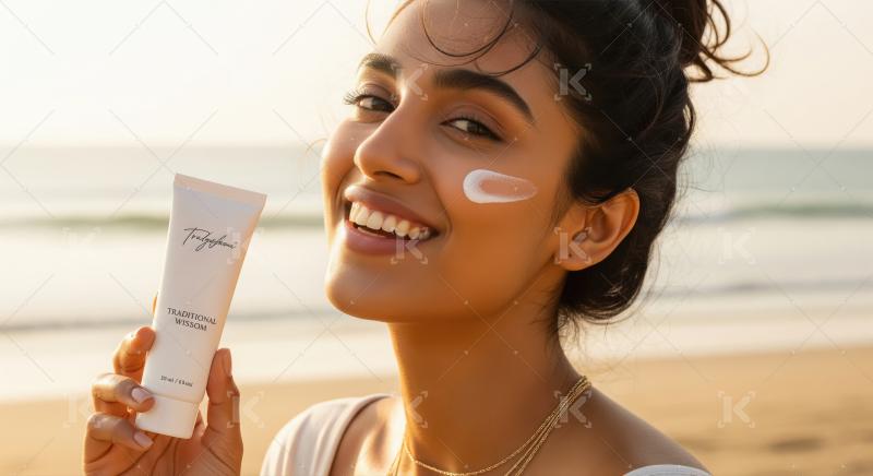 Smiling Woman Applies Sunscreen on Beach for Radiant Skin