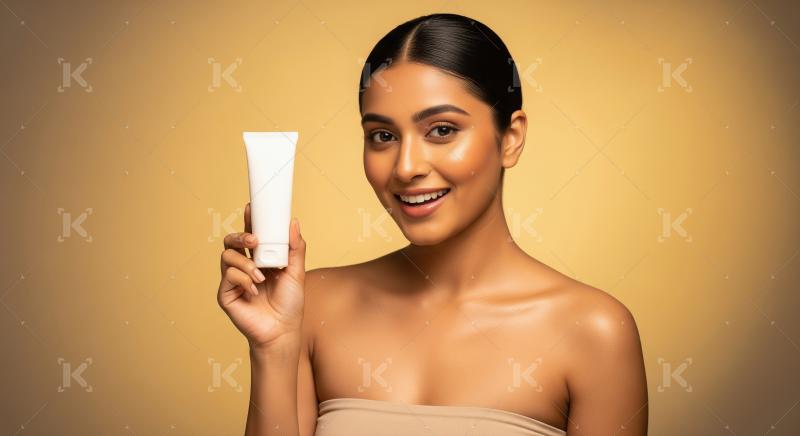Beautiful Indian Woman Promoting Skincare Product with Radiant S