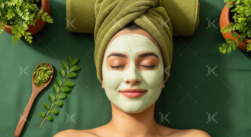 Woman Relaxing with Green Clay Mask and Natural Ingredients
