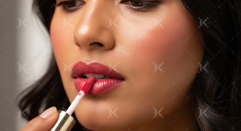 Beautiful Woman Applying Vibrant Red Lipstick for a Glamorous Lo