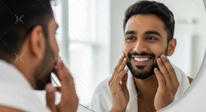 Happy Man Checks Healthy Skin in Bathroom Mirror Reflection