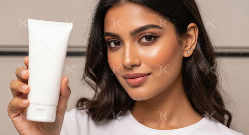 Radiant Woman Holding Blank Cosmetic Tube, Showing Flawless Skin