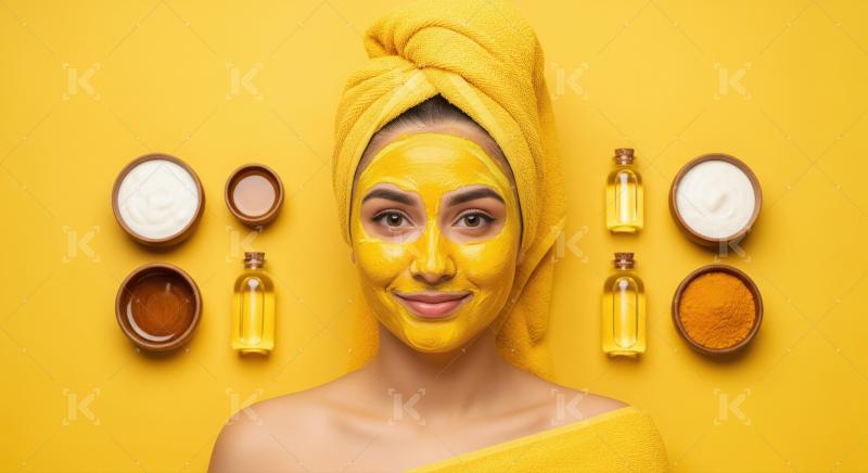 Smiling Woman with Bright Yellow Turmeric Skincare Mask
