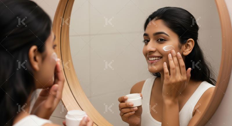 Young Indian Woman Skincare: Applying Face Cream in Mirror