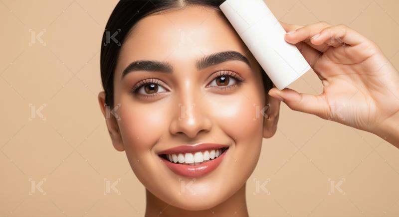 Beautiful Woman Smiling with Glowing Skin Holding Cosmetic Produ