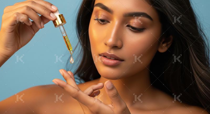 Radiant woman cares for her skin with a dropper