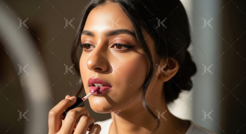 Woman Applying Lipstick for Beauty and Self-Care Routine