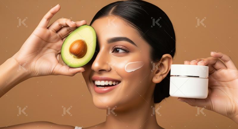 Beautiful woman with avocado and cream promotes natural skincare