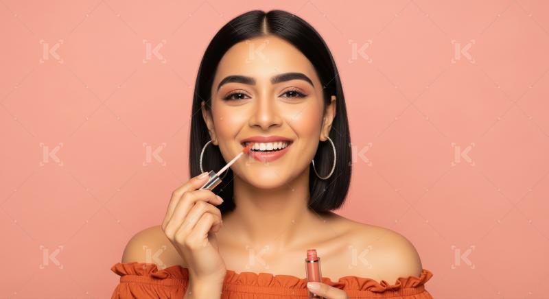 Beautiful Young Woman Applying Lip Gloss, Smiling Radiantly