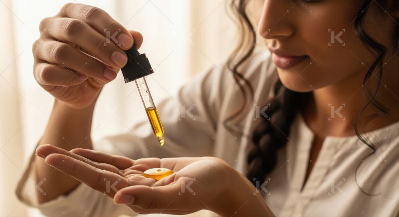 Woman Applying Natural Skincare Oil to Her Hand with Dropper