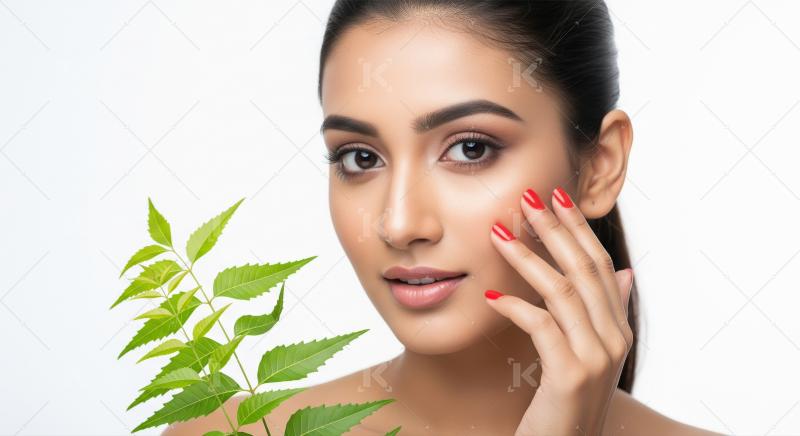 Beautiful Indian Woman with Clear Skin Holding Neem Leaves