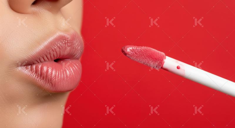 Glossy Lips and Applicator Against Red Background