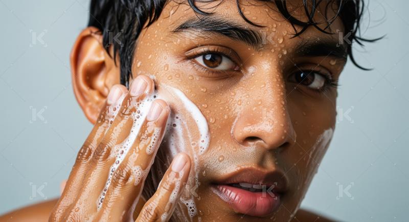 Young Man Washing Face with Foaming Cleanser