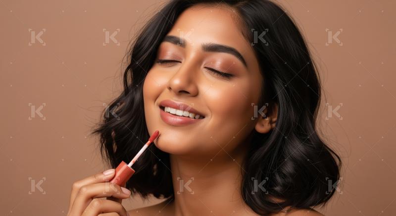Beautiful Indian Woman Applying Lip Gloss with Eyes Closed