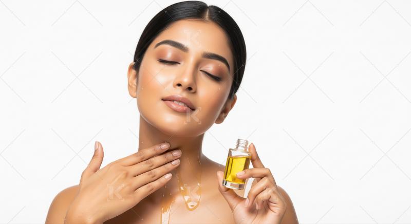 Beautiful woman applying nourishing oil to her glowing skin.