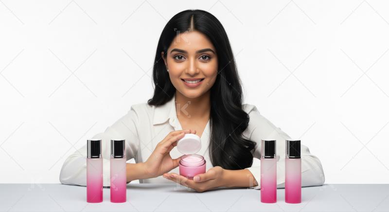 Beautiful Woman Presents Skincare Products with a Radiant Smile