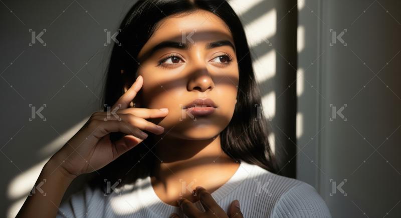 Thoughtful young woman in golden light and shadow portrait