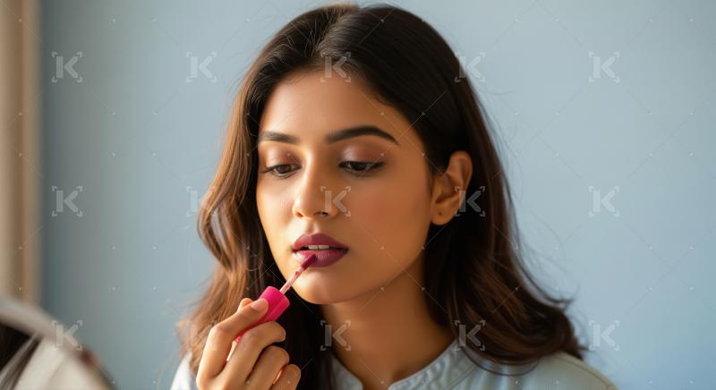 Beautiful Indian Woman Applies Lipstick During Morning Beauty Ro