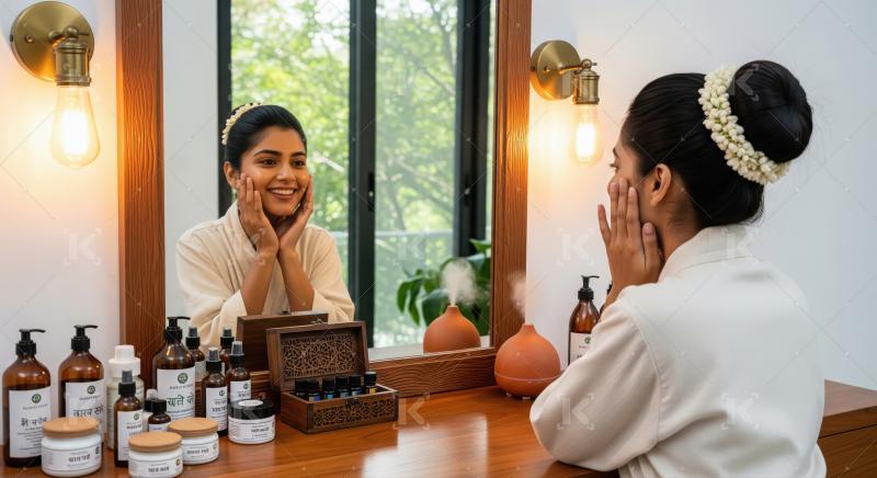Beautiful Woman Smiles at Reflection, Embracing Natural Skincare