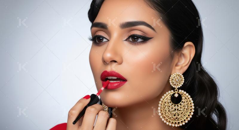 Beautiful Indian Woman Applying Red Lipstick, Wearing Gold Earri