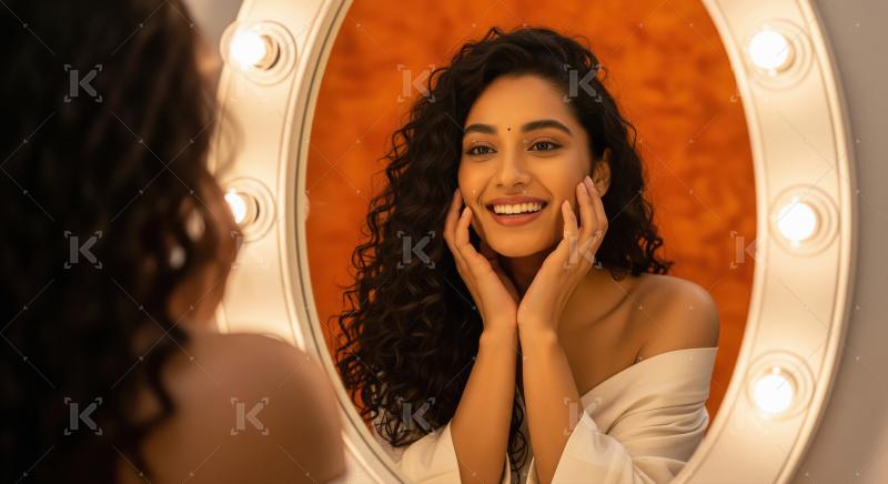 Happy Indian Woman Admiring Herself in Vanity Mirror