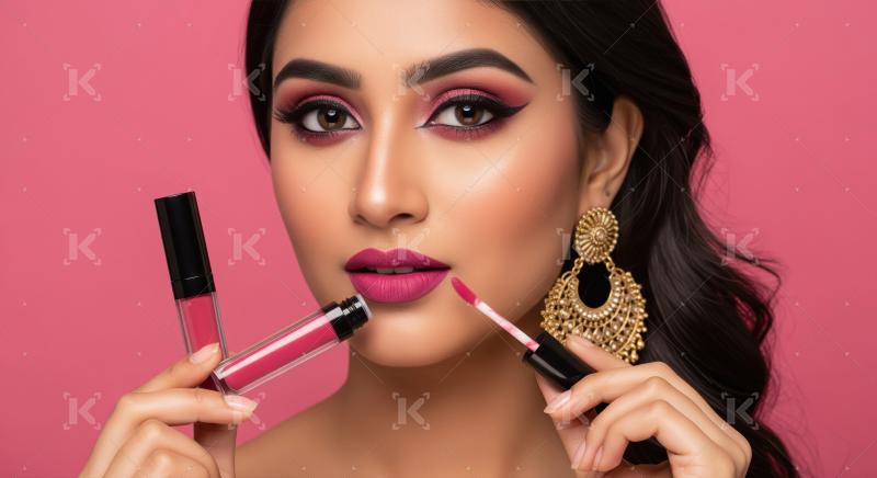 Beautiful Indian Woman Applying Vibrant Pink Liquid Lipstick