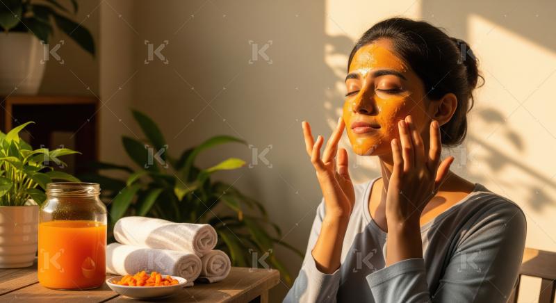 Woman applies natural face mask, embracing her skincare routine.