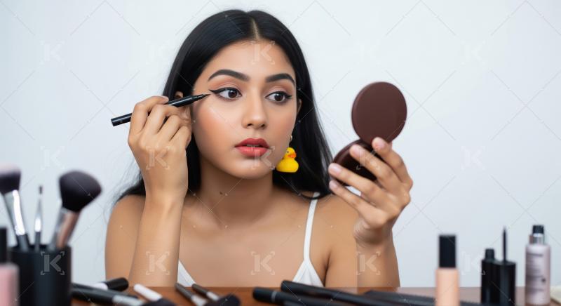Young Indian woman applying eyeliner, looking in a compact mirro