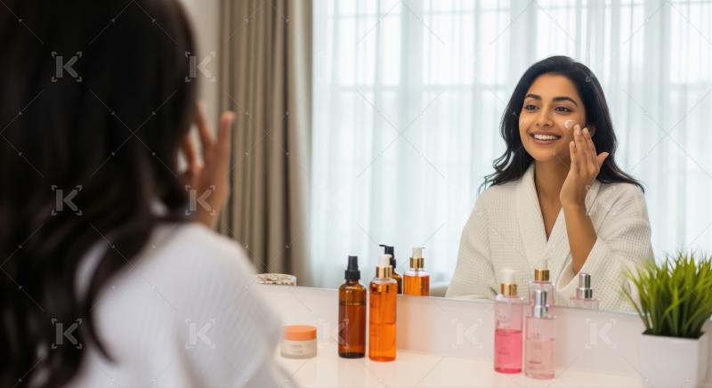 Young Indian Woman Applying Face Cream, Morning Skincare Routine