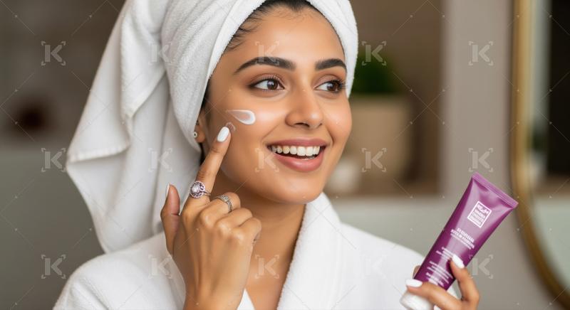 Beautiful woman applying facial moisturizer for glowing skin