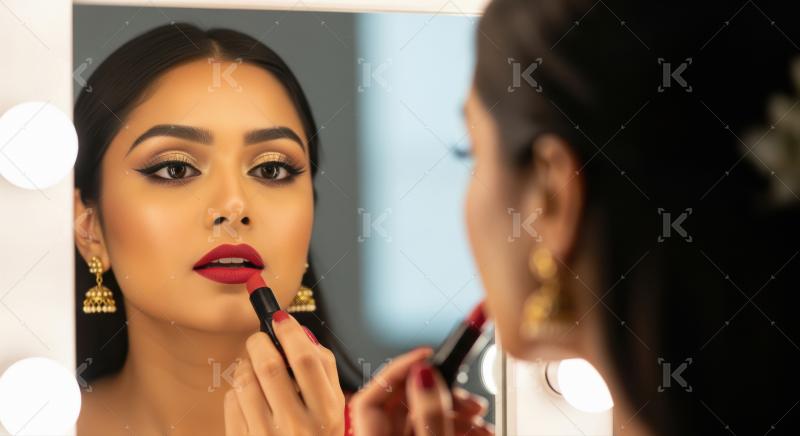 Beautiful Indian woman doing makeup, applying red lipstick in mi