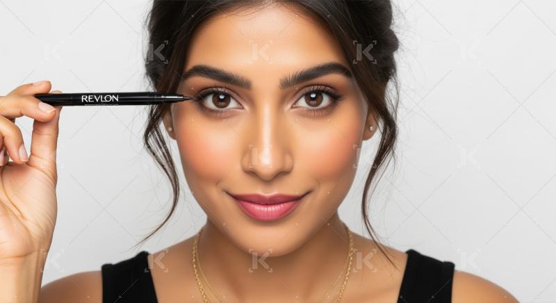 Young Woman Applying Revlon Eyeliner for Beauty Makeup