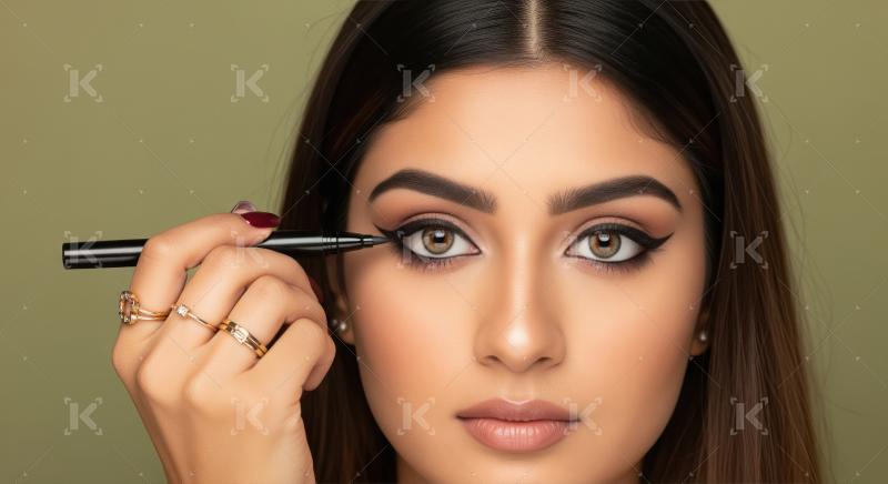 Beautiful woman meticulously applies eyeliner, enhancing her cap